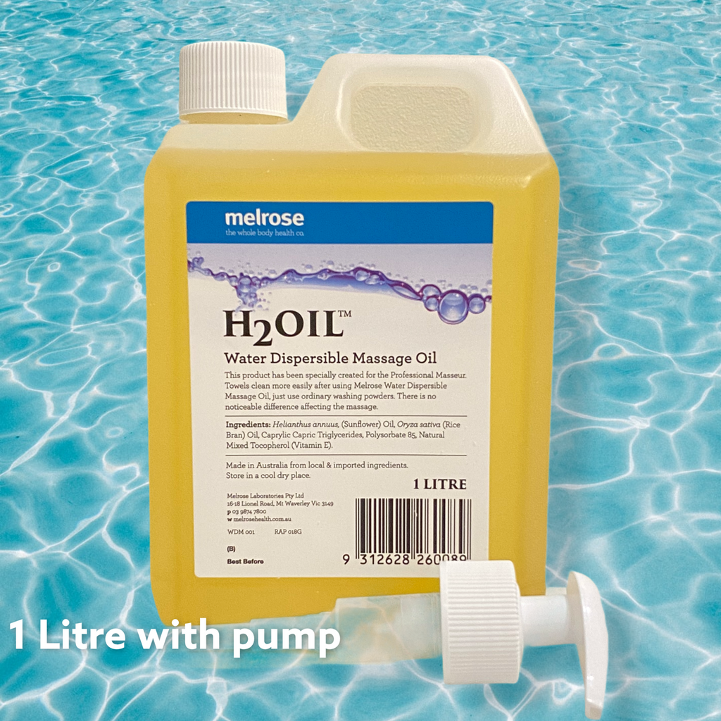 Melrose H2Oil Water Dispersible Massage Oil 1L with pump   MELROSE H2Oil – AUSTRALIA’S ORIGINAL WATER DISPERSIBLE MASSAGE OIL  This product has been specially created for the Professional Masseur. Towels clean more easily after using Melrose Water Dispersible Massage Oil, just use ordinary washing powders. There is no noticeable difference affecting the massage.  Made in Australia from local and imported ingredients.