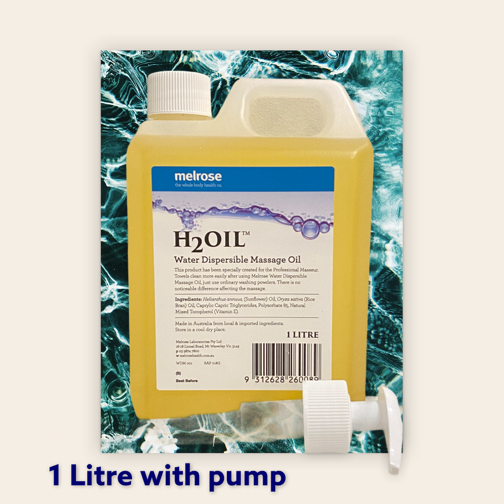 Melrose H2Oil Water dispersible oils are popular because they not only increase the life of towels considerably, but normal washing powder can be used to remove the massage oil from the towel. 