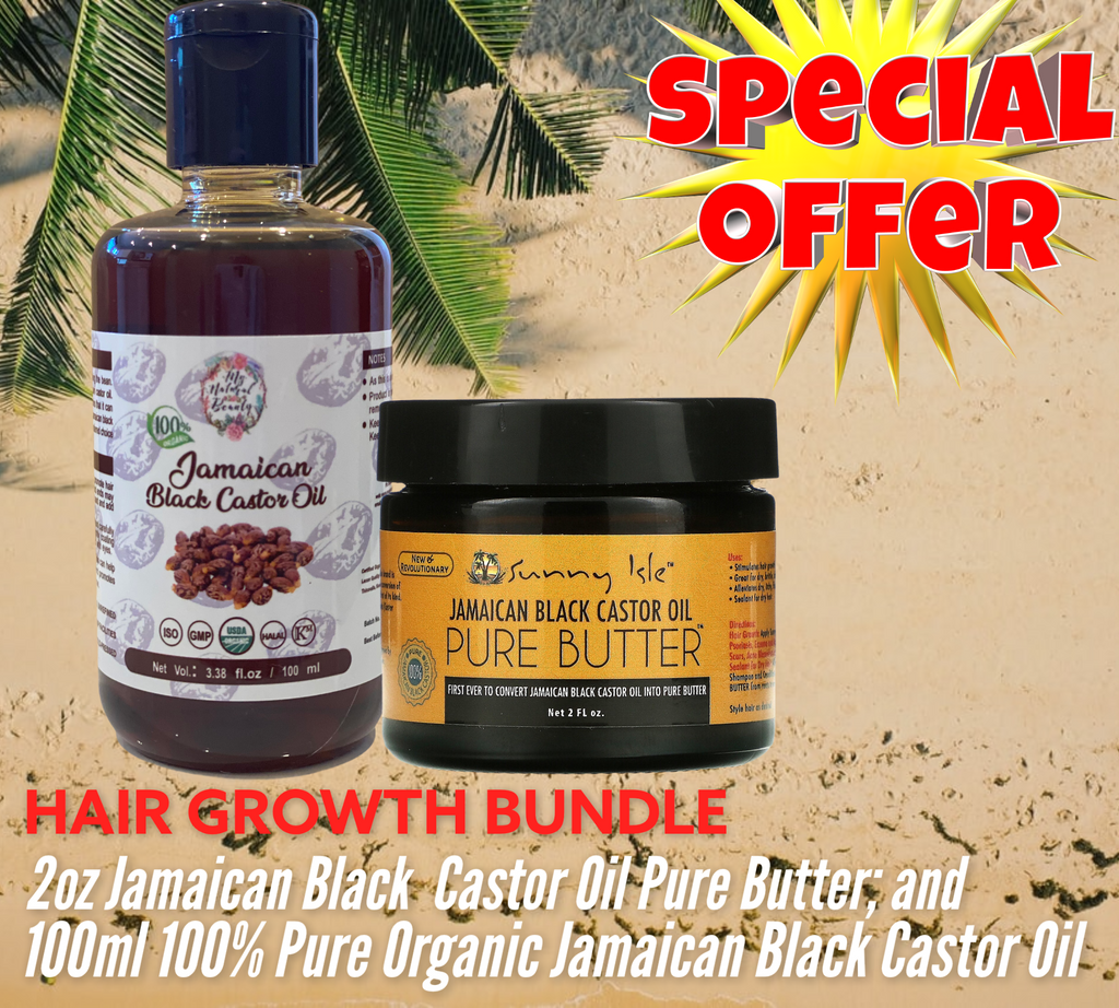 HAIR GROWTH BUNDLE- Jamaican Black Castor Oil Pure Butter 2 fl oz and 100% Pure Organic Jamaican Black Castor Oil 100ml.       This bundle includes the following amazing natural hair growth products:     1x 100% Pure Organic Jamaican Black Castor Oil 100ml  1x Sunny Isle Jamaican Black Castor Oil Pure Butter 2 fl oz (59.15ml)