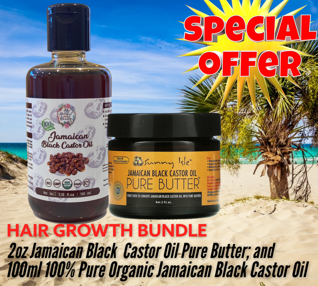 HAIR GROWTH BUNDLE- Jamaican Black Castor Oil Pure Butter 2 fl oz and 100% Pure Organic Jamaican Black Castor Oil 100ml.       This bundle includes the following amazing natural hair growth products:     1x 100% Pure Organic Jamaican Black Castor Oil 100ml  1x Sunny Isle Jamaican Black Castor Oil Pure Butter 2 fl oz (59.15ml)