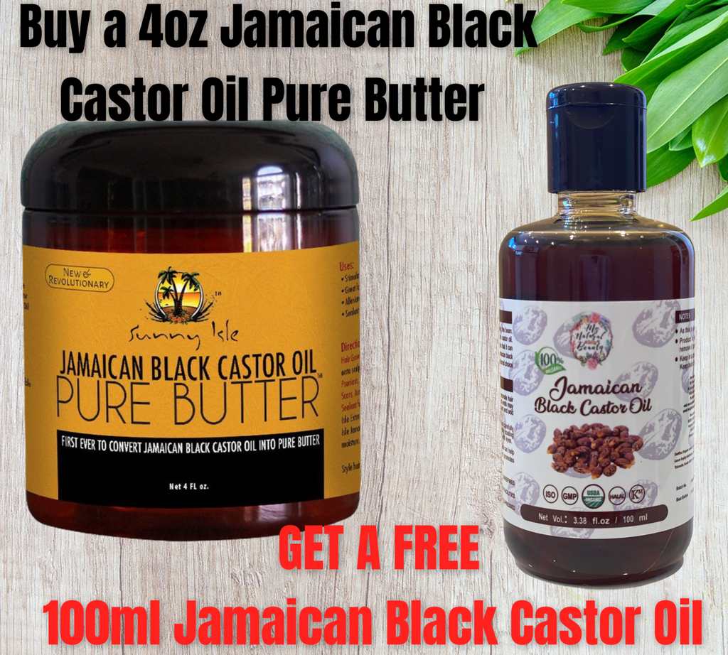 Sunny Isle Jamaican Black Castor Oil Pure Butter 4 fl oz (118 mls ) and receive a 100ml 100% Pure Organic Jamaican Black Castor Oil FREE.   You are purchasing 1x Sunny Isle Jamaican Black Castor Oil Pure Butter 4 fl oz (118 mls ) . You will get the following product as a gift valued at $29.95 absolutely FREE!  1x 100% Pure Organic Jamaican Black Castor Oil 100ml (Usually $29.95) FREE!