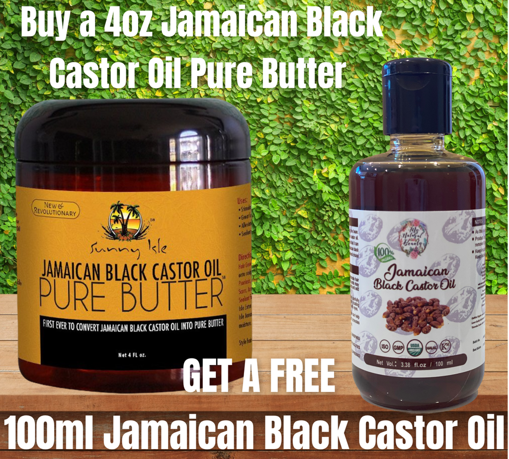 Sunny Isle Jamaican Black Castor Oil Pure Butter 4 fl oz (118 mls ) and receive a 100ml 100% Pure Organic Jamaican Black Castor Oil FREE.   You are purchasing 1x Sunny Isle Jamaican Black Castor Oil Pure Butter 4 fl oz (118 mls ) . You will get the following product as a gift valued at $29.95 absolutely FREE!  1x 100% Pure Organic Jamaican Black Castor Oil 100ml (Usually $29.95) FREE!