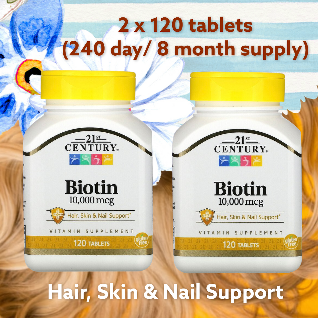  21st Century, Biotin, 10,000 mcg, 120 Tablets  (Choose 1, 2 or 3 jars of 120 tablets)     OPTIONS TO CHOOSE FROM (PLEASE SELECT YOUR CHOSEN OPTION FROM THE LISTING MENU):  120 tablets ( 1 jar = 120 day/ 4 month supply) 240 tablets (2 jars= 240 day/ 8 month supply) 360 tablets (3 jars= 360 day/ 12 month supply)
