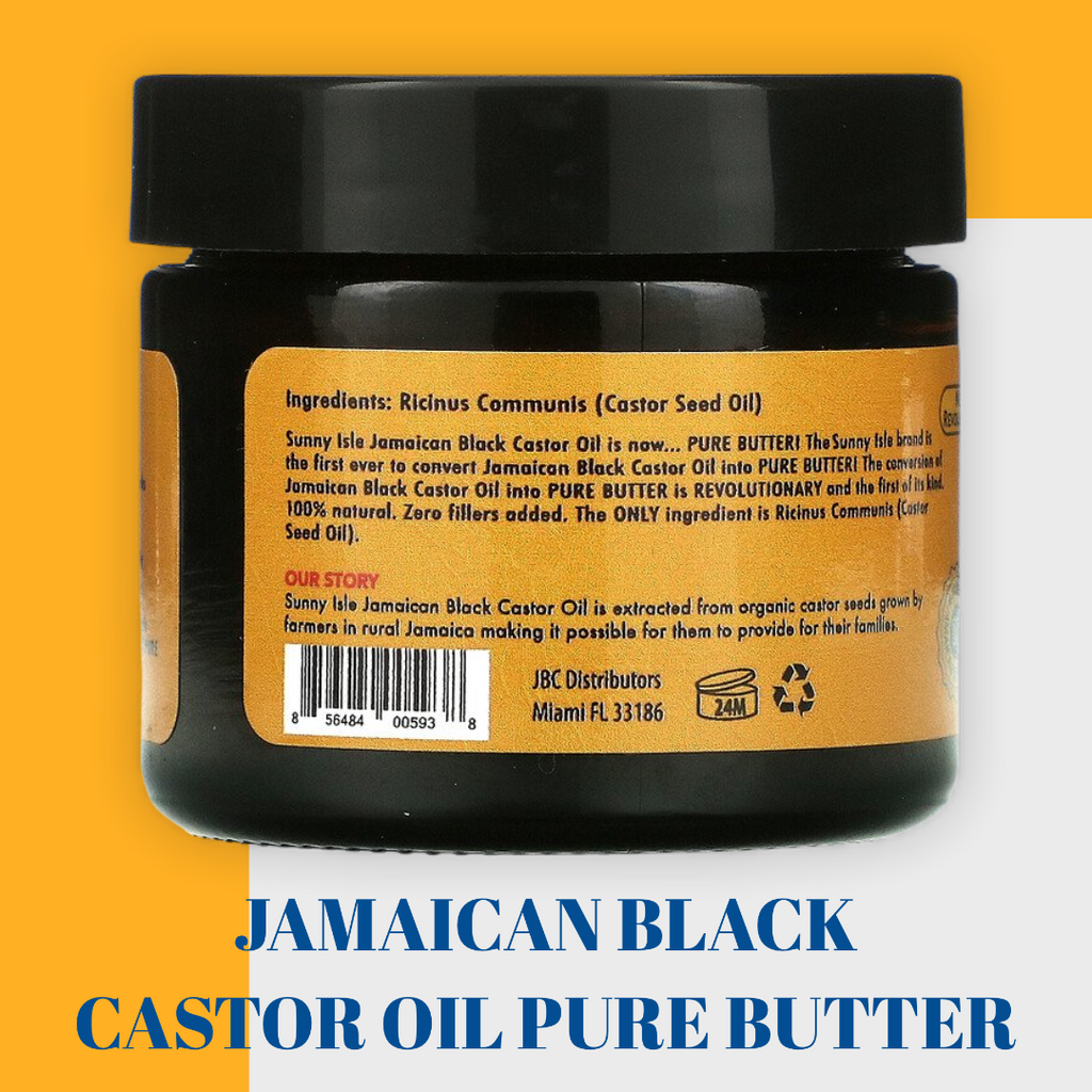 Buy online Australia Sunny Isle Jamaican Black Castor Oil PURE BUTTER 2 fl oz (59.15ml)    FREE SHIPPING AUSTRALIA WIDE FOR ALL ORDERS OVER $60.00    Sunny Isle Jamaican Black Castor Oil is now... PURE BUTTER! The Sunny Isle brand is the first ever to convert Jamaican Black Castor Oil into PURE BUTTER! The conversion of Jamaican Black Castor Oil into PURE BUTTER is REVOLUTIONARY and the first of its kind. 100% natural. Zero fillers added. The ONLY ingredient is Ricinus Communis (Castor Seed Oil).