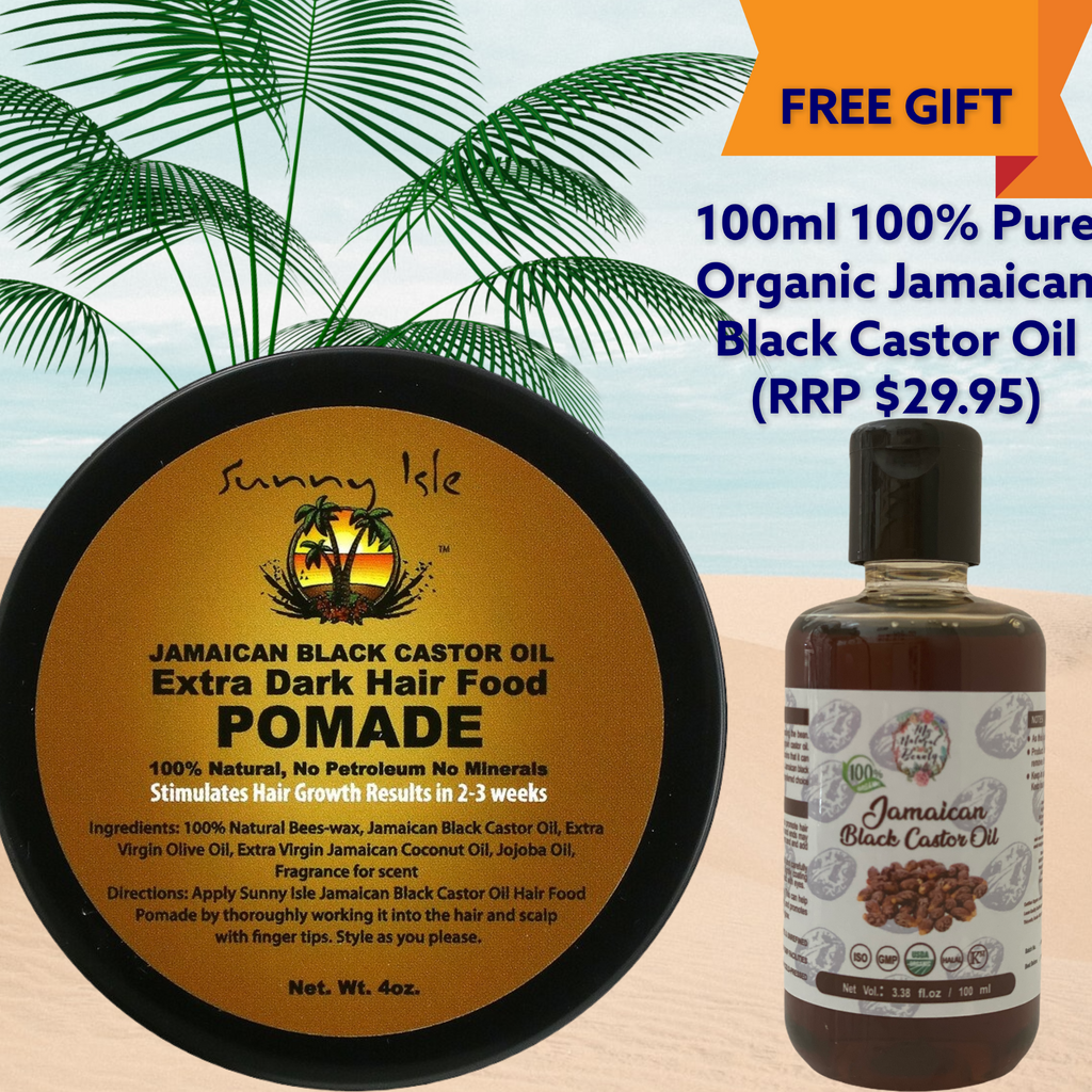 Sunny Isle Extra Dark Jamaican Black Castor Oil Hair Food Pomade 4 oz. + FREE GIFT- 100ml 100% Pure Organic Jamaican Black Castor Oil.   For a limited time you will receive a FREE 100ml 100% Pure Organic Jamaican Black Castor Oil valued at $29.95 when you purchase this product. Valid only when this product is purchased from this page. For a limited time only and while stocks last.      FREE SHIPPING AUSTRALIA WIDE FOR ALL ORDERS OVER $60.00