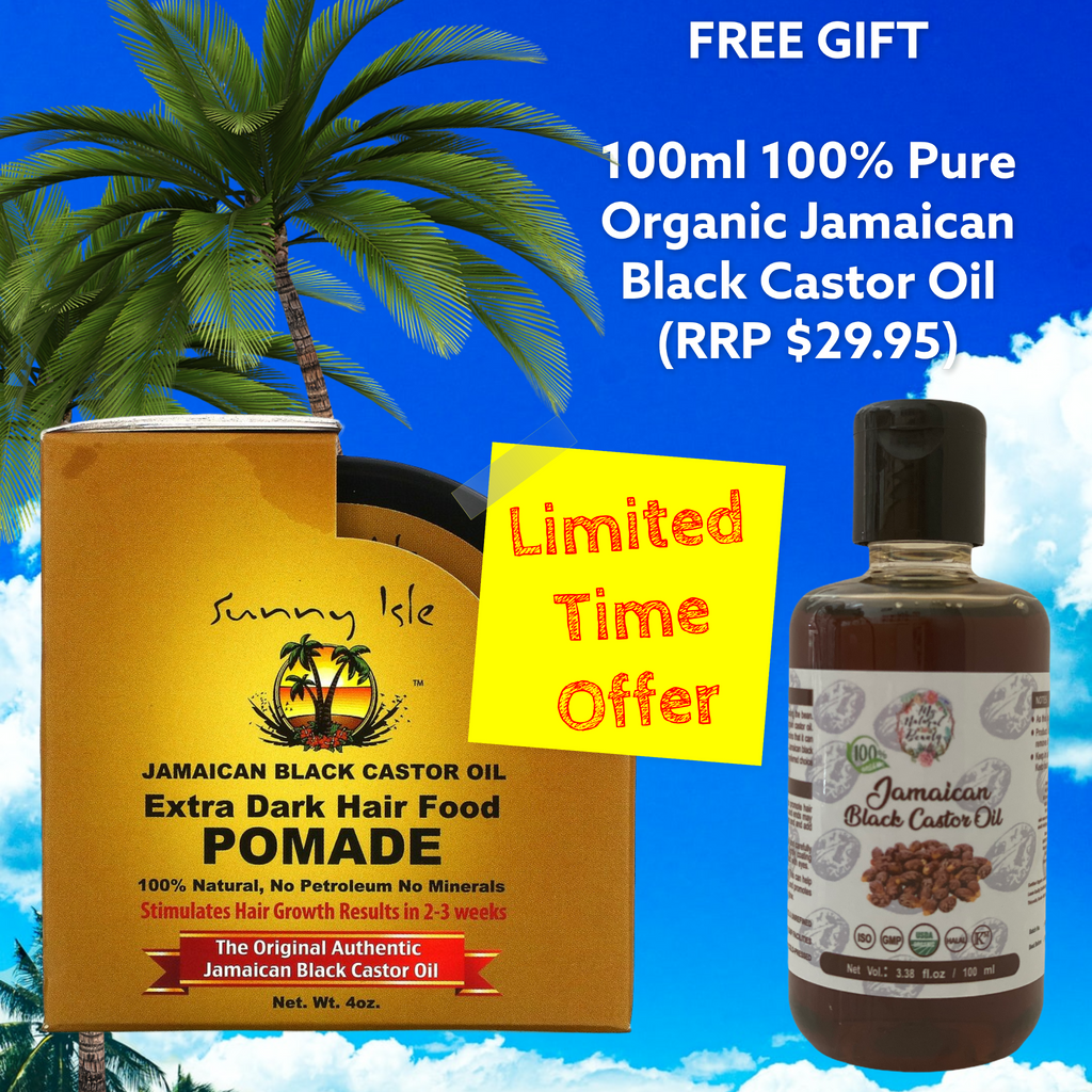 Sunny Isle Extra Dark Jamaican Black Castor Oil Hair Food Pomade 4 oz. + FREE GIFT- 100ml 100% Pure Organic Jamaican Black Castor Oil.   For a limited time you will receive a FREE 100ml 100% Pure Organic Jamaican Black Castor Oil valued at $29.95 when you purchase this product. Valid only when this product is purchased from this page. For a limited time only and while stocks last.      FREE SHIPPING AUSTRALIA WIDE FOR ALL ORDERS OVER $60.00
