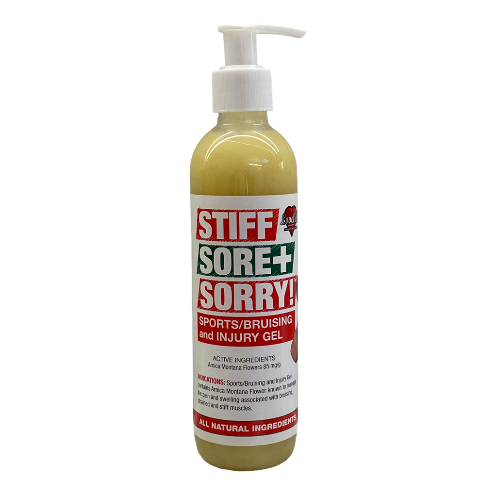Stiff Sore + Sorry Sports/ Bruising and Injury Gel – 250g    FREE SHIPPING AUSTRALIA WIDE FOR ALL ORDERS OVER $60.00     Choose from:     1x 250g bottle  2x 250g bottles (discounted)        Brand: Love Oil Collection