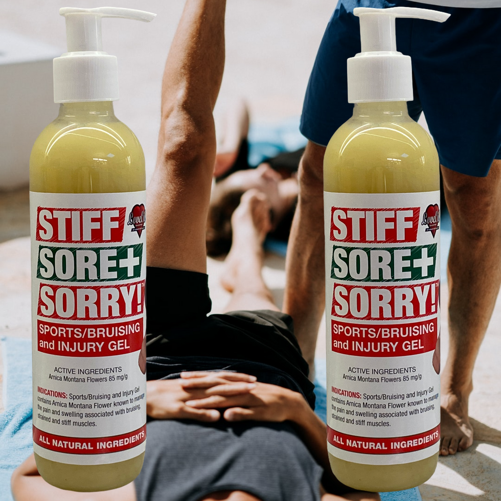 Stiff Sore + Sorry Sports gel Ingredients:   Arnica Montana, essential oils including Wintergreen (traces of Methyl Salicylate), Xanthan Gum and Potassium Sorbate (0.8%)