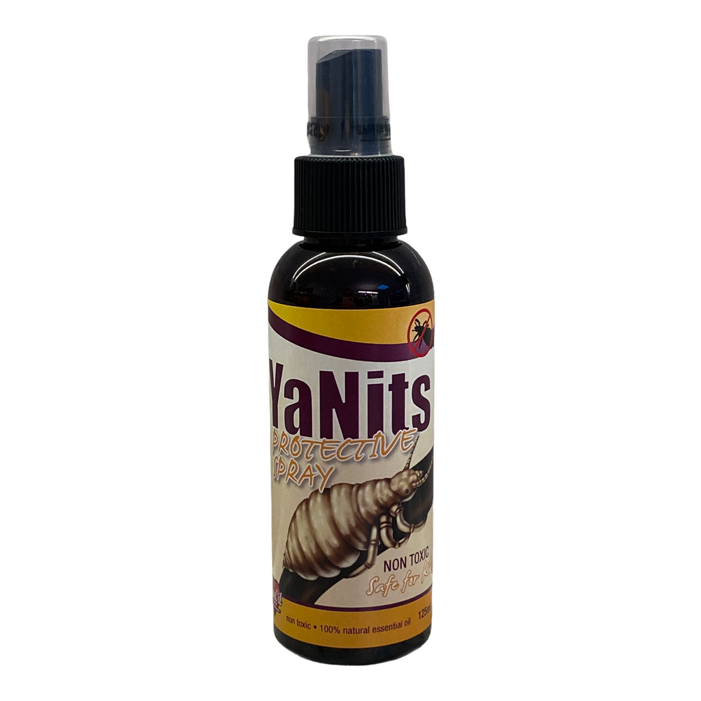 YaNits Protective Spray- 125ml    100% NATURAL ESSENTIAL OILS  NON TOXIC  SAFE FOR KIDS     Brand: Love Oil Collection     100% Natural Nits and Head Lice Protective Spray. Protects against head lice and their eggs. Contains a special blend of natural plant extracts to protect against nits and head lice. Use this natural product on your kiddies hair (or your own!) , hats, clothing and bedding. Contains no nasties.