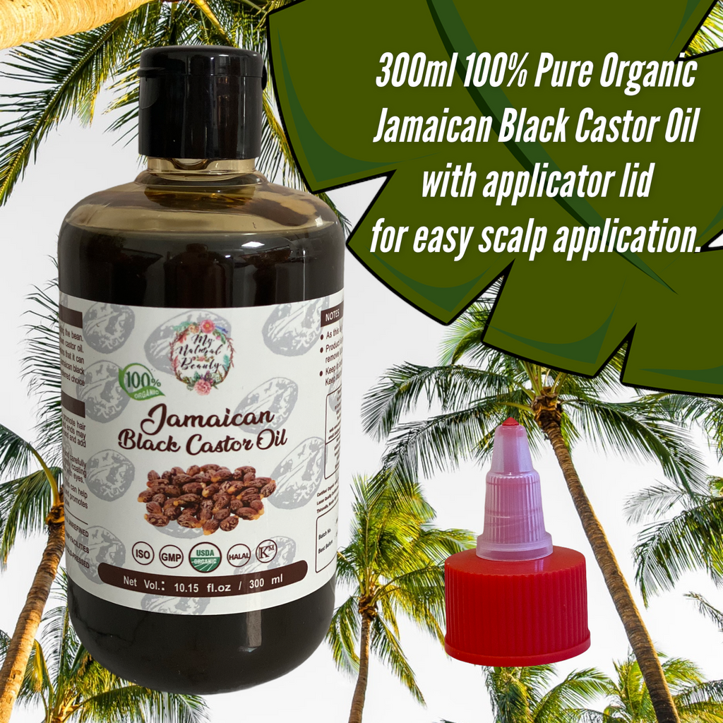 100% Pure Organic Jamaican Black Castor Oil with applicator lid (300 ML)   •	300ml/ 10.5 fl.oz •	This product comes with an additional lid (a special applicator lid) you can use for easy scalp application. This lid allows you to easily apply this product directly to your scalp. •	USDA Certified Organic •	Traditional Handmade with Typical and Traditional roasted castor beans smell •	100% Pure Jamaican Black Oil with no additives or  preservatives