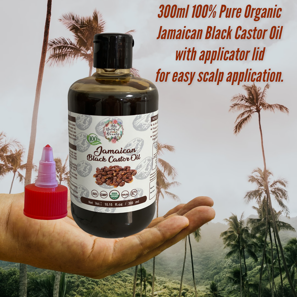 100% Pure Organic Jamaican Black Castor Oil with applicator lid (300 ML)   •	300ml/ 10.5 fl.oz •	This product comes with an additional lid (a special applicator lid) you can use for easy scalp application. This lid allows you to easily apply this product directly to your scalp. •	USDA Certified Organic •	Traditional Handmade with Typical and Traditional roasted castor beans smell •	100% Pure Jamaican Black Oil with no additives or  preservatives