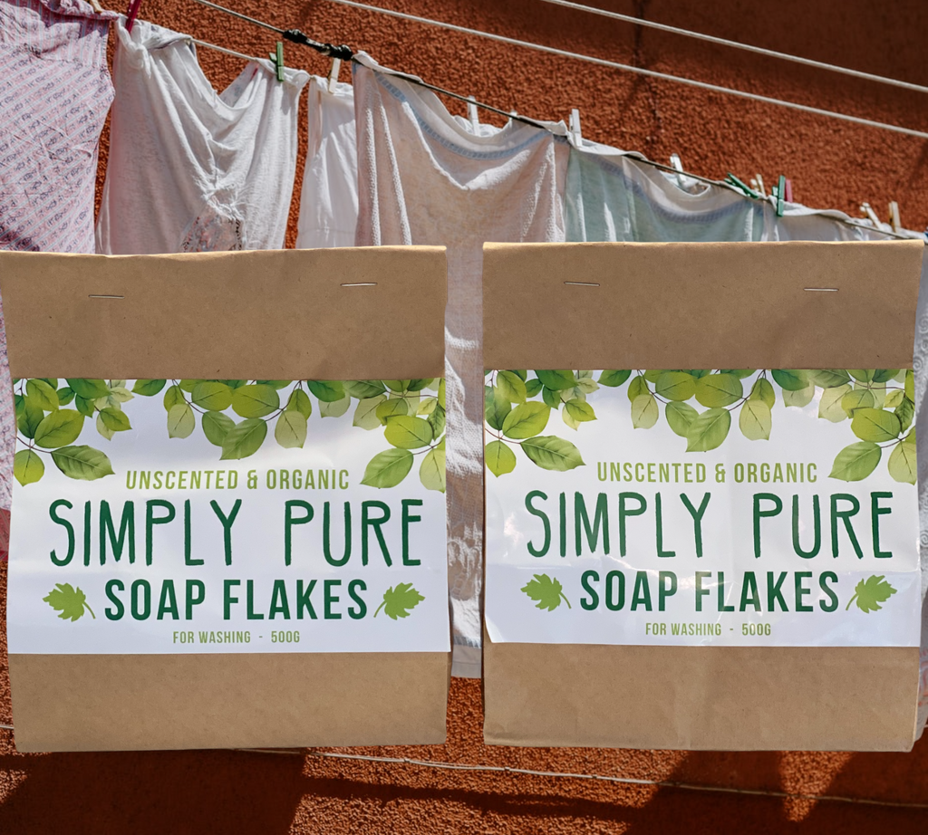Simply Pure Soap Flakes is our home made soap, hand grated and dried to bring you the most natural way to wash your clothes. Commercial detergents are packed with so many synthetic fillers and fragrances now a days, it can really make your skin crawl. The ingredients of  these simply pure, unscented and organic soap flakes are simple – organic coconut, olive and soyabean oils with Lye water. Do your skin a favour and use Simply Pure.
