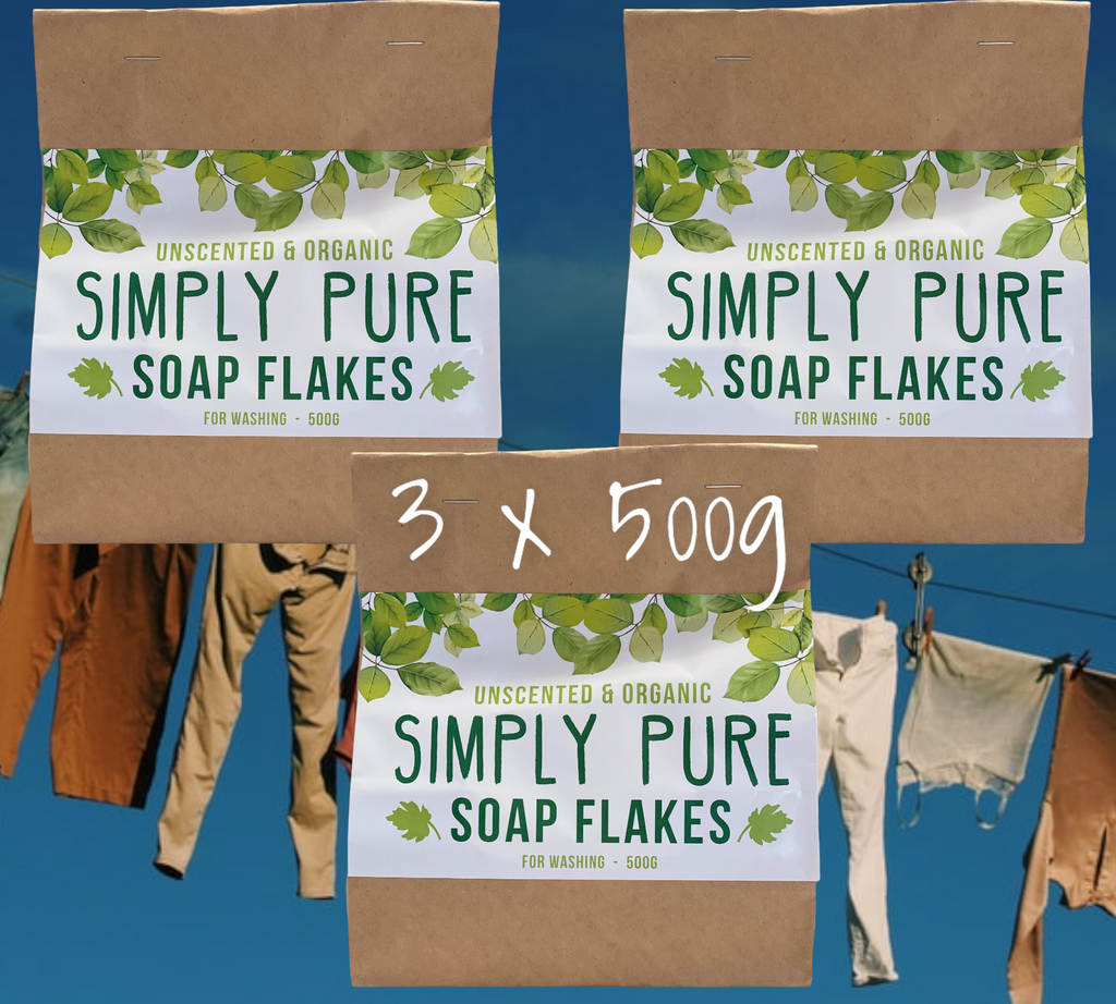  Simply Pure Soap Flakes is our home made soap, hand grated and dried to bring you the most natural way to wash your clothes. Commercial detergents are packed with so many synthetic fillers and fragrances now a days, it can really make your skin crawl. The ingredients of  these simply pure, unscented and organic soap flakes are simple – organic coconut, olive and soyabean oils with Lye water. Do your skin a favour and use Simply Pure. Bulk