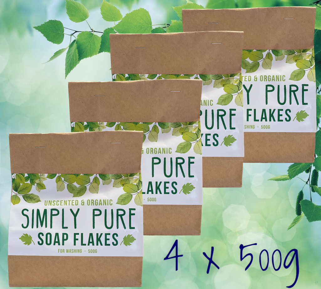 Simply Pure Soap Flakes is our home made soap, hand grated and dried to bring you the most natural way to wash your clothes. Commercial detergents are packed with so many synthetic fillers and fragrances now a days, it can really make your skin crawl. The ingredients of  these simply pure, unscented and organic soap flakes are simple – organic coconut, olive and soyabean oils with Lye water. Do your skin a favour and use Simply Pure.