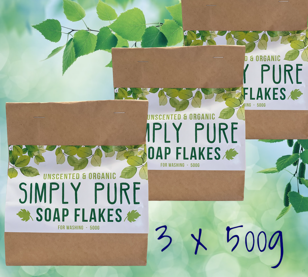 Simply Pure Soap Flakes is our home made soap, hand grated and dried to bring you the most natural way to wash your clothes. Commercial detergents are packed with so many synthetic fillers and fragrances now a days, it can really make your skin crawl. The ingredients of  these simply pure, unscented and organic soap flakes are simple – organic coconut, olive and soyabean oils with Lye water. Do your skin a favour and use Simply Pure.