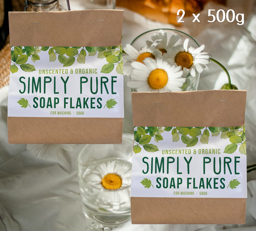 Simply Pure Soap Flakes is our home made soap, hand grated and dried to bring you the most natural way to wash your clothes. Commercial detergents are packed with so many synthetic fillers and fragrances now a days, it can really make your skin crawl. The ingredients of  these simply pure, unscented and organic soap flakes are simple – organic coconut, olive and soyabean oils with Lye water. Do your skin a favour and use Simply Pure.