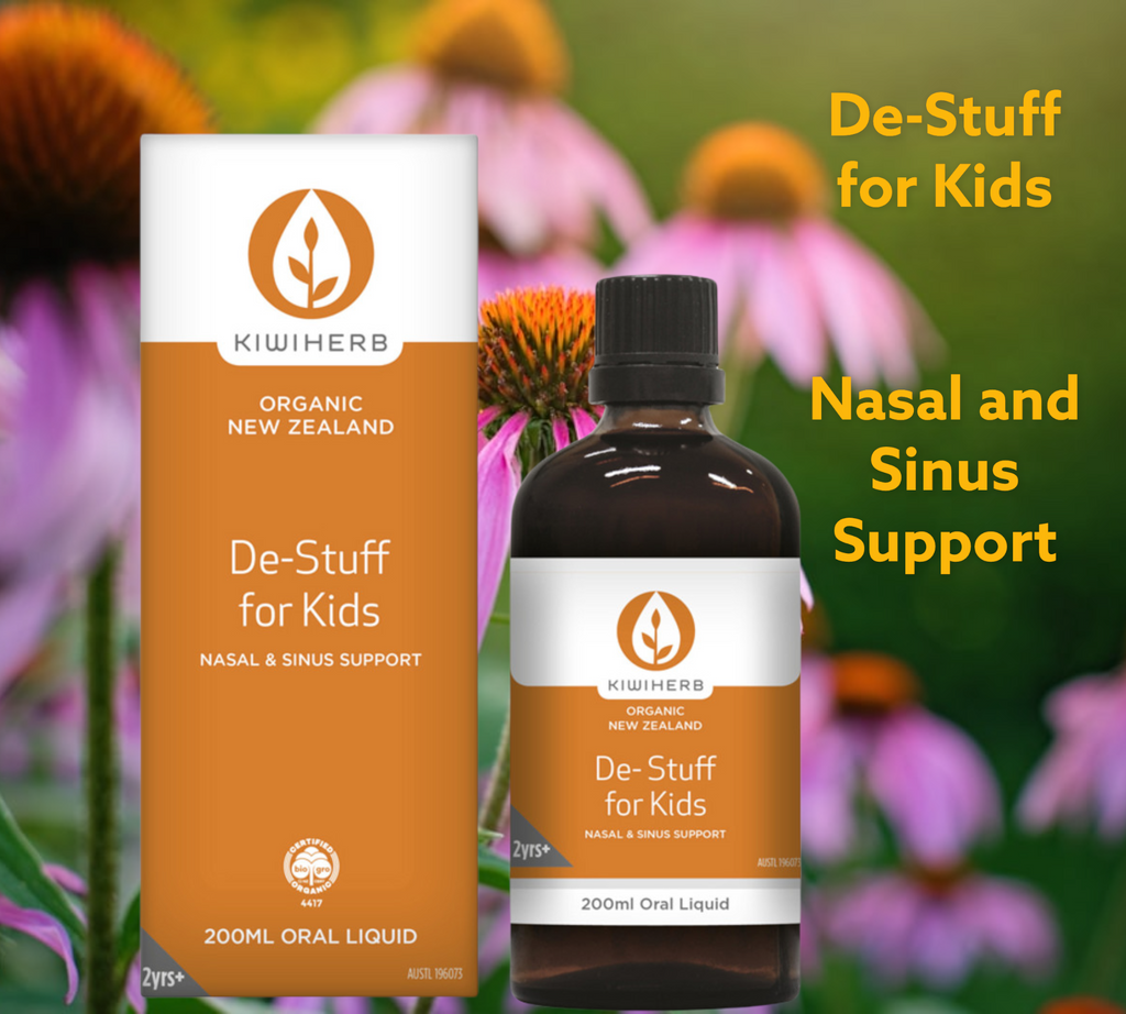 Kiwiherb De-Stuff for Kids is specifically formulated to support and maintain upper respiratory health. It may aid in the relief of catarrh and congestion of the upper respiratory tract. Great tasting and naturally sweetened. De-Stuff for Kids may be used for:   • Nasal & sinus support • May aid in the relief of catarrh & congestion of the upper respiratory tract • Supports & maintain upper respiratory health