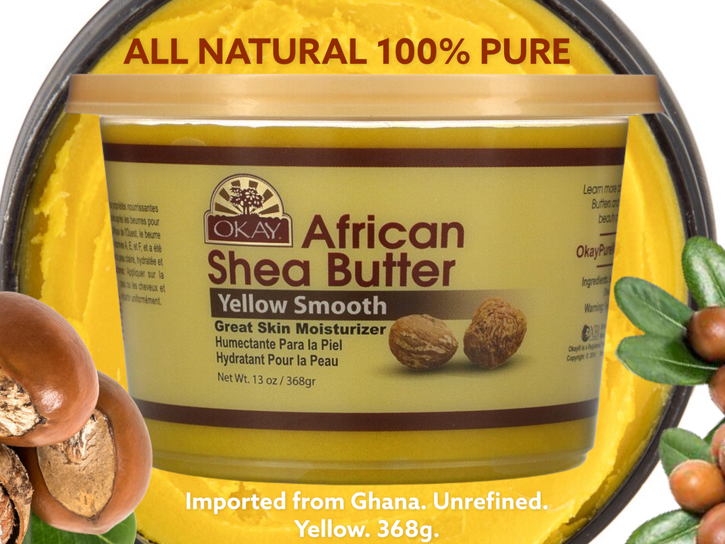 Okay Pure Naturals, African Shea Butter, Yellow Smooth, 13 oz (368 g)     OKAY Pure Naturals Shea Butter Yellow Smooth - All Natural, 100% Pure- Unrefined- Daily Skin Moisturiser For Face & Body- Softens Tough Skin- Moisturizes Dry Skin- Adds Shine & Luster To Hair-Alleviates Scalp Dryness 13 oz / 368g.