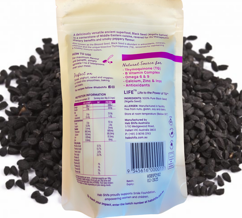 Hab Shifa Organic Black Seed 200g (NIGELLA SATIVA)   Overview: Nigella Seed (Black Seed) is a super-food and contains over 100 different constituents- including vitamins, minerals and a high concentration of Essential Fatty Acids. Black Seed can be taken as a supplement on its own or can be sprinkled on cereals, muesli, and salads. It can also be added to breads and shakes.
