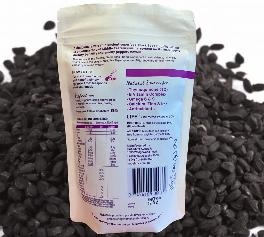 Hab Shifa Organic Black Seed 200g (NIGELLA SATIVA)   Overview: Nigella Seed (Black Seed) is a super-food and contains over 100 different constituents- including vitamins, minerals and a high concentration of Essential Fatty Acids. Black Seed can be taken as a supplement on its own or can be sprinkled on cereals, muesli, and salads. It can also be added to breads and shakes.
