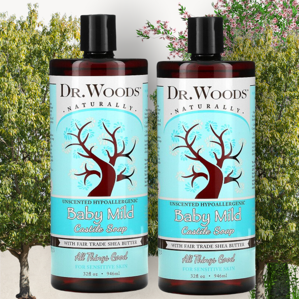 Dr. Woods, Baby Mild, Castile Soap with Fair Trade Shea Butter, Unscented, 32 fl oz (946 ml) x 2    Twin Pack- Buy two and save- You will receive 2x 946ml bottles of this amazing product at a discounted price!     Product overview    Dr Wood's Castile and Black Soaps are safe and effective for hundreds of household uses, but specially formulated for gentle skin care.