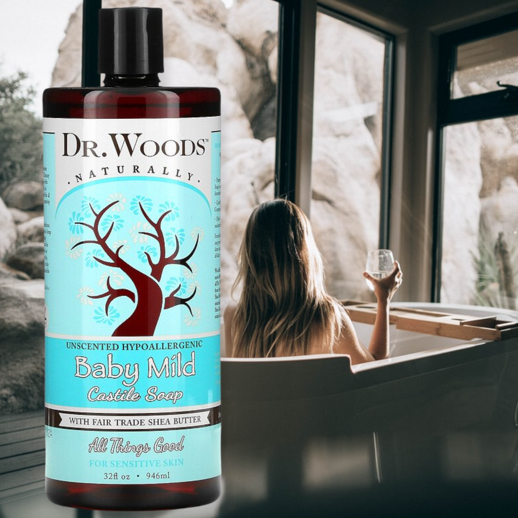 Dr Woods Castile·       Natural ·       Hypoallergenic ·       Made with Fair Trade Shea Butter ·       All Things Good ·       For Sensitive Skin ·       Leaping Bunny Certified ·       Cruelty Free ·       100% Vegan & Gluten Free ·       Paraben and Phthalate Free ·       Lauryl / Laureth Sulfate Free ·       No Petroleum Derivatives ·       All things good and unscented hypoallergenic ·       A little goes a long way