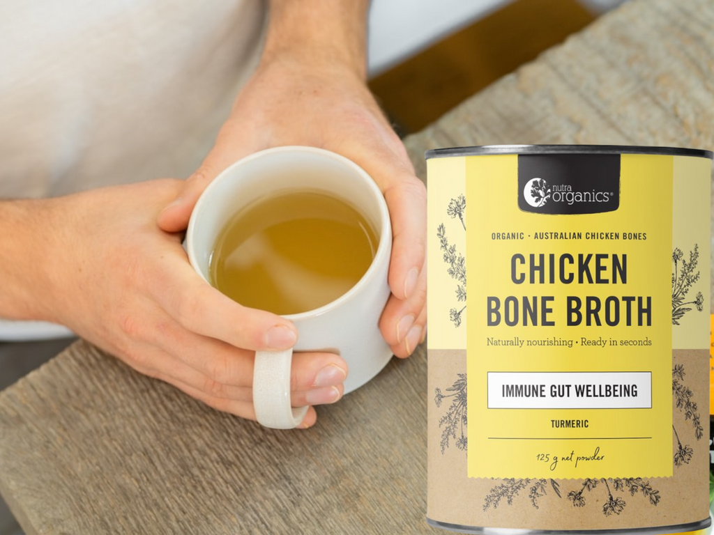 Chicken Bone Broth Turmeric- 125g        BRAND: Nutra Organics   Chicken Bone Broth Turmeric is naturally nourishing with curcumin, zinc & B vitamins to support immunity, energy and gut wellbeing.~ Ready in seconds, as tasty and nutritious as homemade and easy to take on the go!