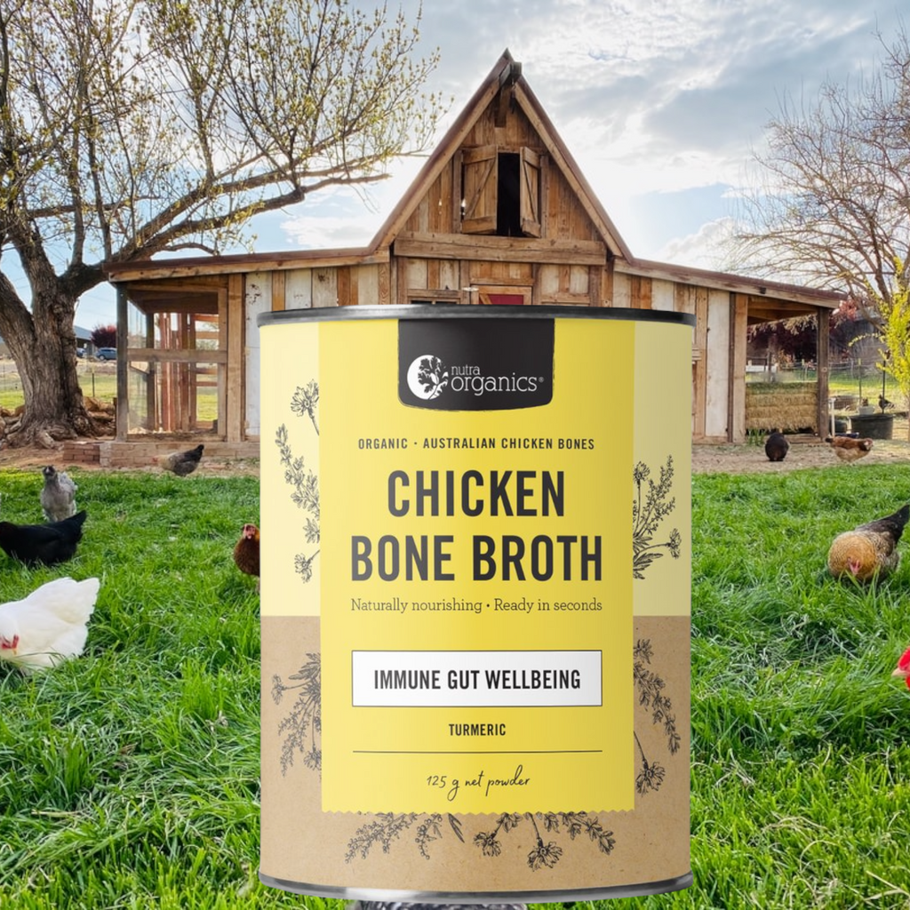 Chicken Bone Broth Turmeric- 125g        BRAND: Nutra Organics   Chicken Bone Broth Turmeric is naturally nourishing with curcumin, zinc & B vitamins to support immunity, energy and gut wellbeing.~ Ready in seconds, as tasty and nutritious as homemade and easy to take on the go!