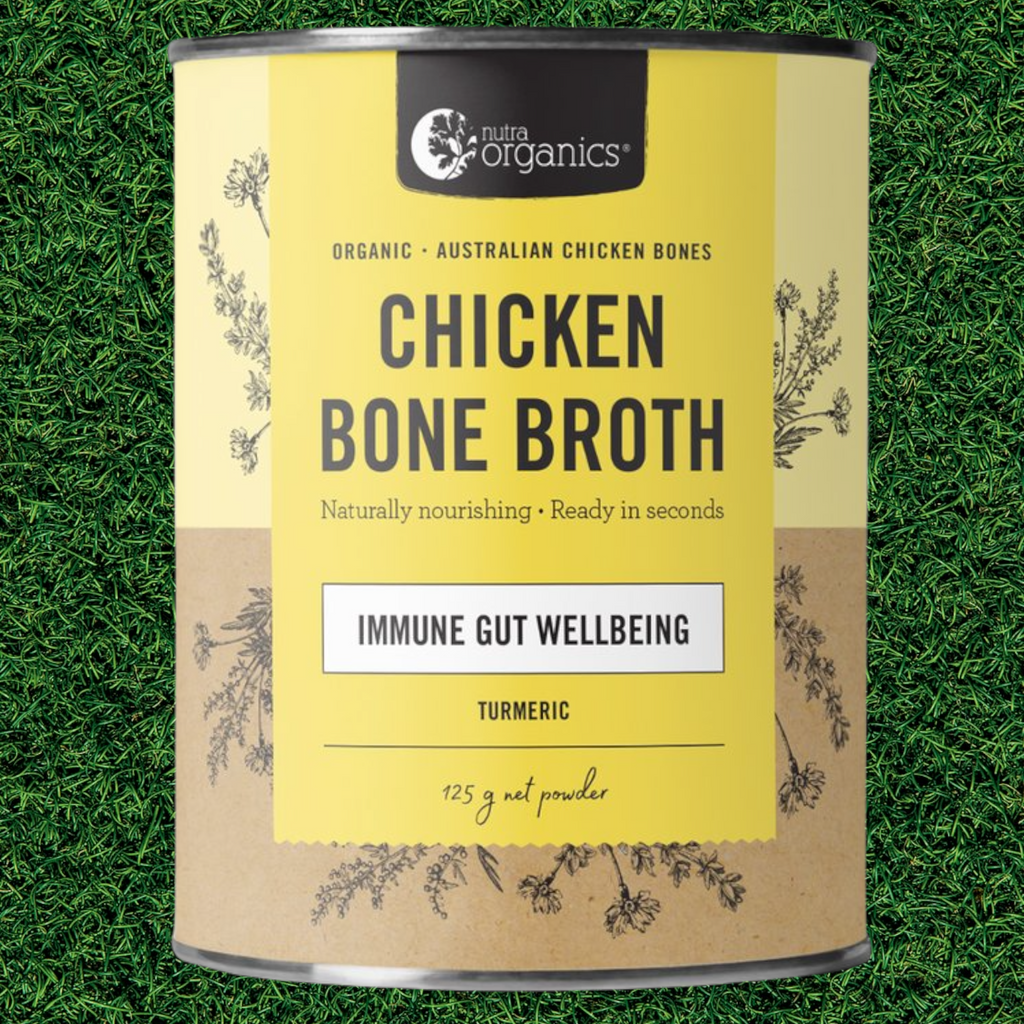 Chicken Bone Broth Turmeric- 125g        BRAND: Nutra Organics   Chicken Bone Broth Turmeric is naturally nourishing with curcumin, zinc & B vitamins to support immunity, energy and gut wellbeing.~ Ready in seconds, as tasty and nutritious as homemade and easy to take on the go!