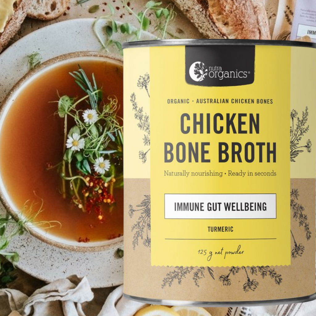 Chicken Bone Broth Turmeric- 125g        BRAND: Nutra Organics   Chicken Bone Broth Turmeric is naturally nourishing with curcumin, zinc & B vitamins to support immunity, energy and gut wellbeing.~ Ready in seconds, as tasty and nutritious as homemade and easy to take on the go!