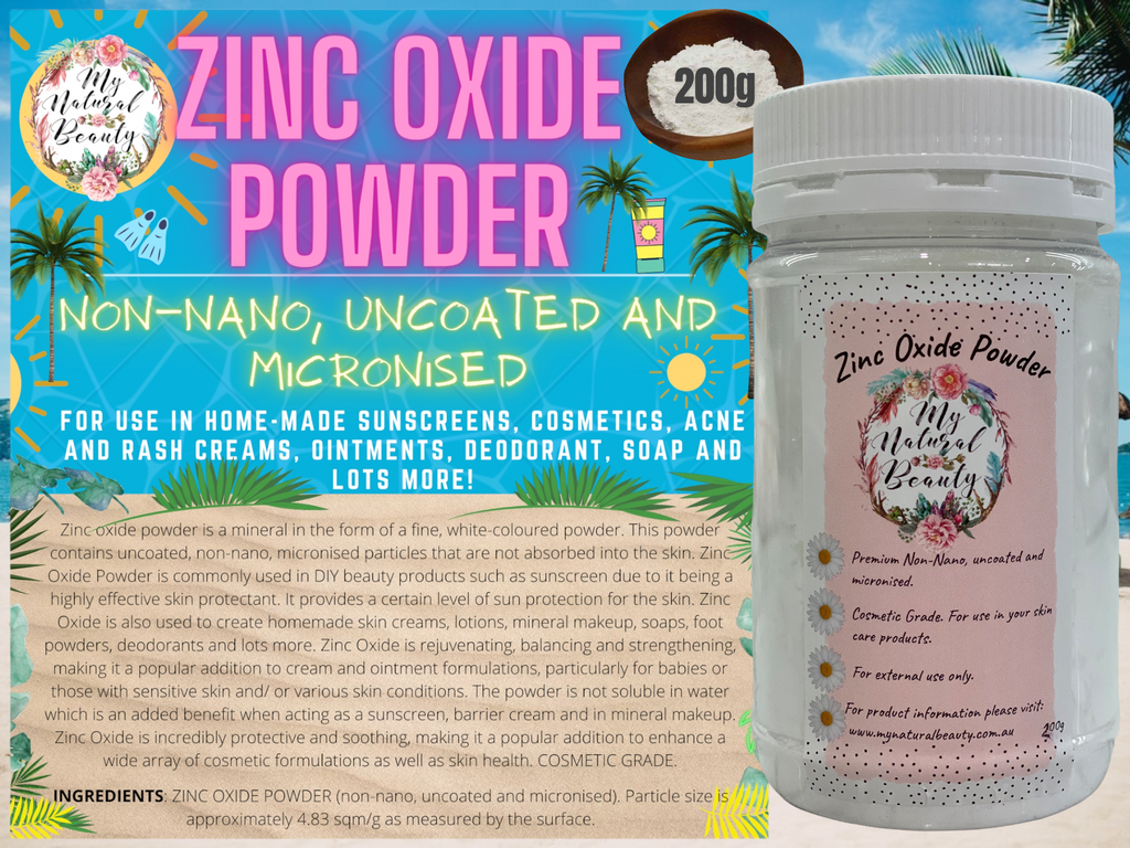 ZINC OXIDE POWDER- 200g jar   NON-NANO, UNCOATED AND MICRONISED.      COSMETIC GRADE- For external use only. For use in home-made sunscreens, cosmetics, acne and rash creams, ointments, deodorant, soap and lots more!