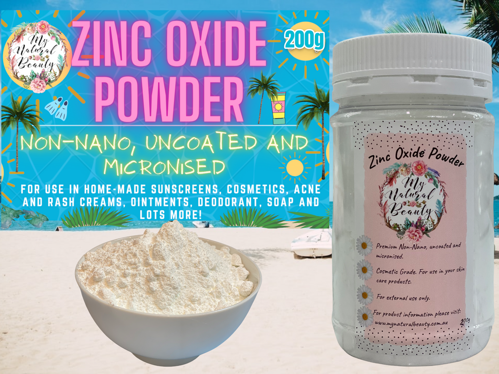 ZINC OXIDE POWDER- 200g jar   NON-NANO, UNCOATED AND MICRONISED.      COSMETIC GRADE- For external use only. For use in home-made sunscreens, cosmetics, acne and rash creams, ointments, deodorant, soap and lots more!