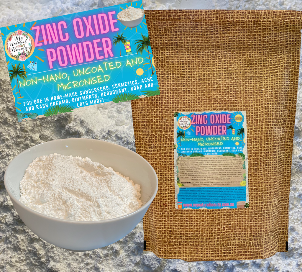  ZINC OXIDE POWDER- 500g  NON-NANO, UNCOATED AND MICRONISED.     COSMETIC GRADE- For external use only. For use in home-made sunscreens, cosmetics, acne and rash creams, ointments, deodorant, soap and lots more!      USES AND BENEFITS OF ZINC OXIDE POWDER. Buy Zinc Oxide online Australia. 500g Bulk. Non-Nano Zinc Oxide.