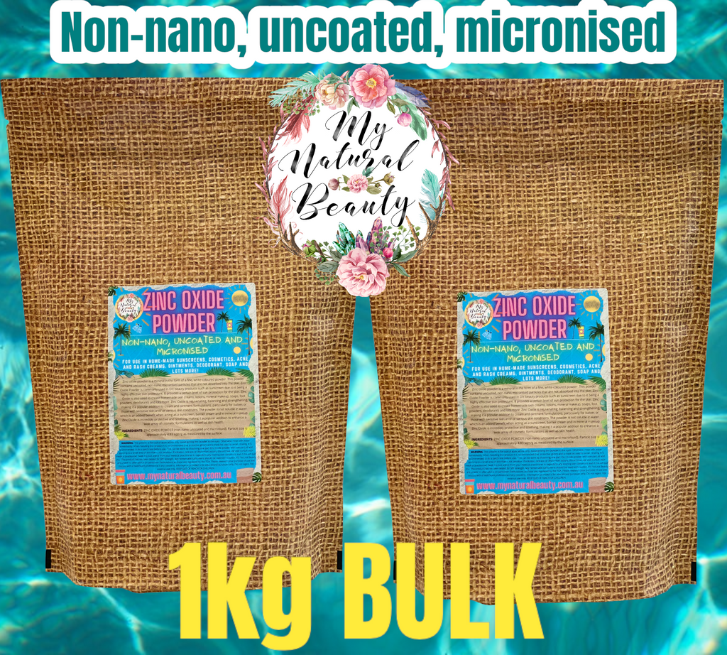  ZINC OXIDE POWDER- 1kg (2 x 500g ) NON-NANO, UNCOATED AND MICRONISED.    BULK 1kg. In 2 x 500g resealable pouches.      COSMETIC GRADE- For external use only. For use in home-made sunscreens, cosmetics, acne and rash creams, ointments, deodorant, soap and lots more!