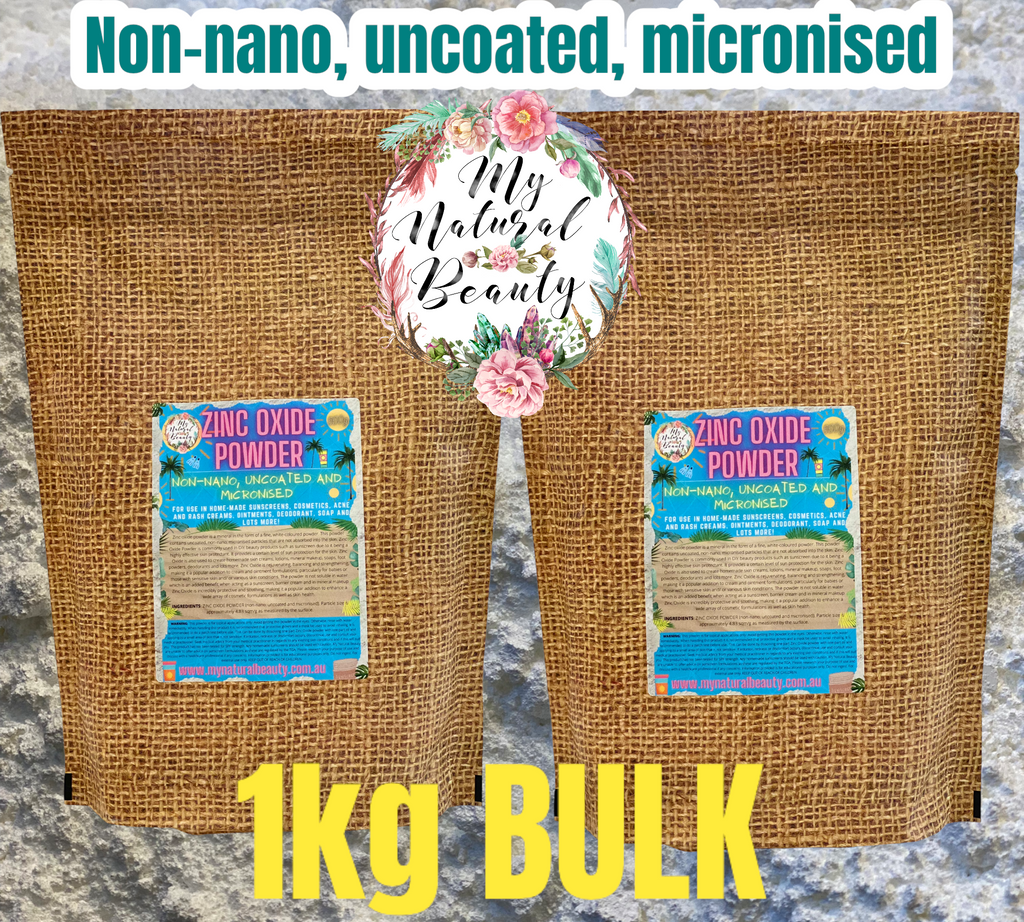  ZINC OXIDE POWDER- 1kg (2 x 500g ) NON-NANO, UNCOATED AND MICRONISED.    BULK 1kg. In 2 x 500g resealable pouches.      COSMETIC GRADE- For external use only. For use in home-made sunscreens, cosmetics, acne and rash creams, ointments, deodorant, soap and lots more!