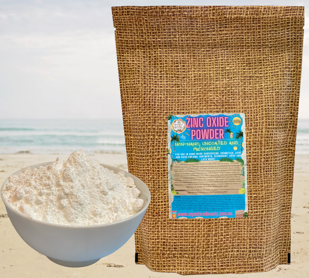 ZINC OXIDE POWDER NON-NANO, UNCOATED AND MICRONISED  For use in home-made sunscreens, cosmetics, acne and rash creams, ointments, deodorant, soap and lots more! buy online Australia. bulk cosmetic ingredients.