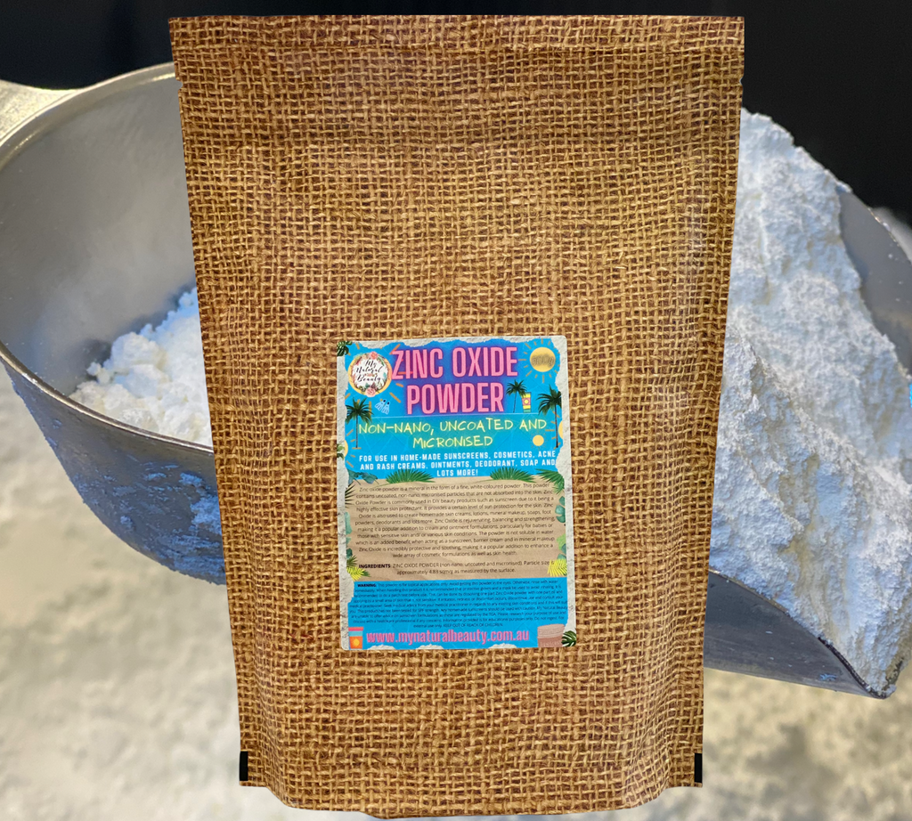 ZINC OXIDE POWDER NON-NANO, UNCOATED AND MICRONISED  For use in home-made sunscreens, cosmetics, acne and rash creams, ointments, deodorant, soap and lots more! buy online Australia. bulk cosmetic ingredients.