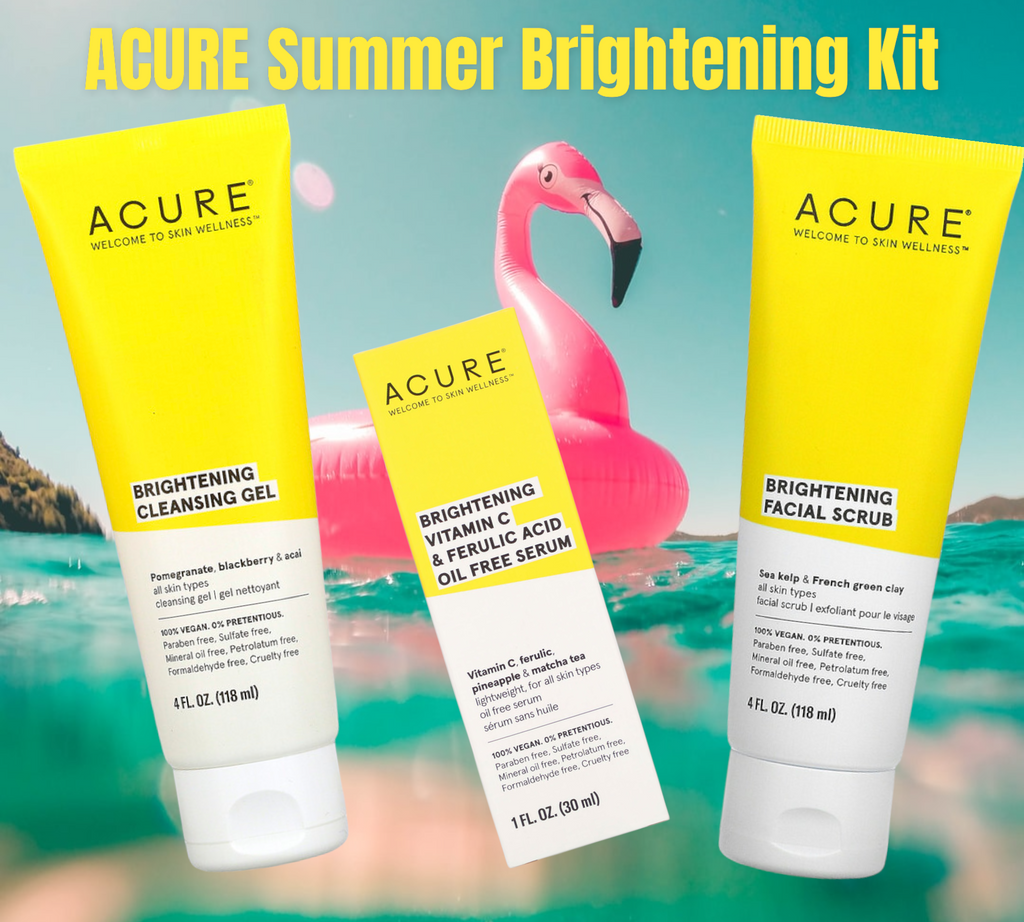  Brightening Cleansing Gel, Facial Scrub and Serum     Goodbye dull winter skin and shine bright in your summer skin! Buy 3 of Acure’s favourite brightening products together as a kit and save. Show off your luminous glow and brighter appearance this summer. This beautifully brightening kit includes the following full size hero products:     1x ACURE Brightening Cleansing Gel - 118ml  1x ACURE Brightening Facial Scrub - 118ml  1x ACURE Brightening Vit C & Ferulic Acid Oil Free Serum – 30ml   