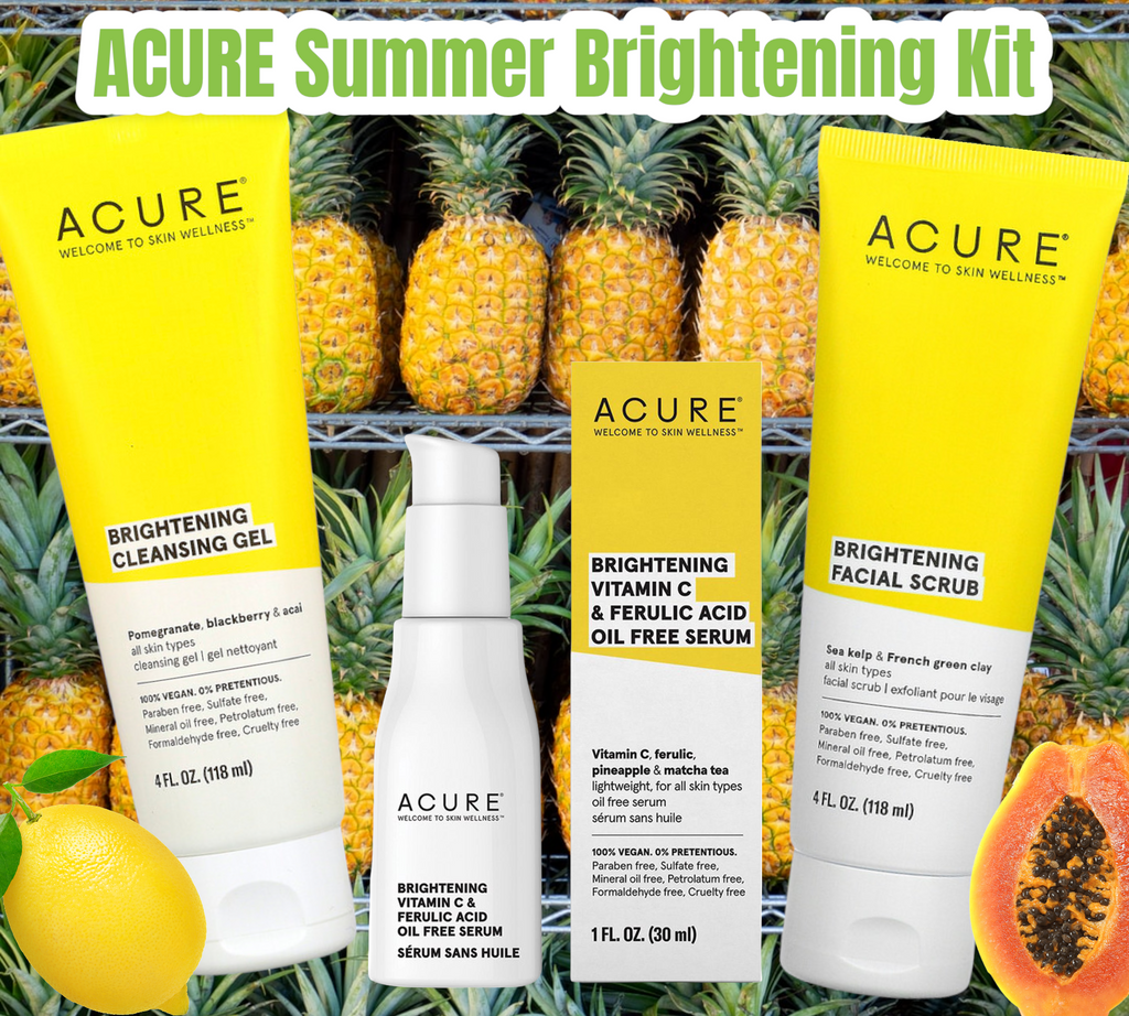 Acure Brightening Cleansing Gel, Facial Scrub and Vitamin C Ferulic Acid Serum