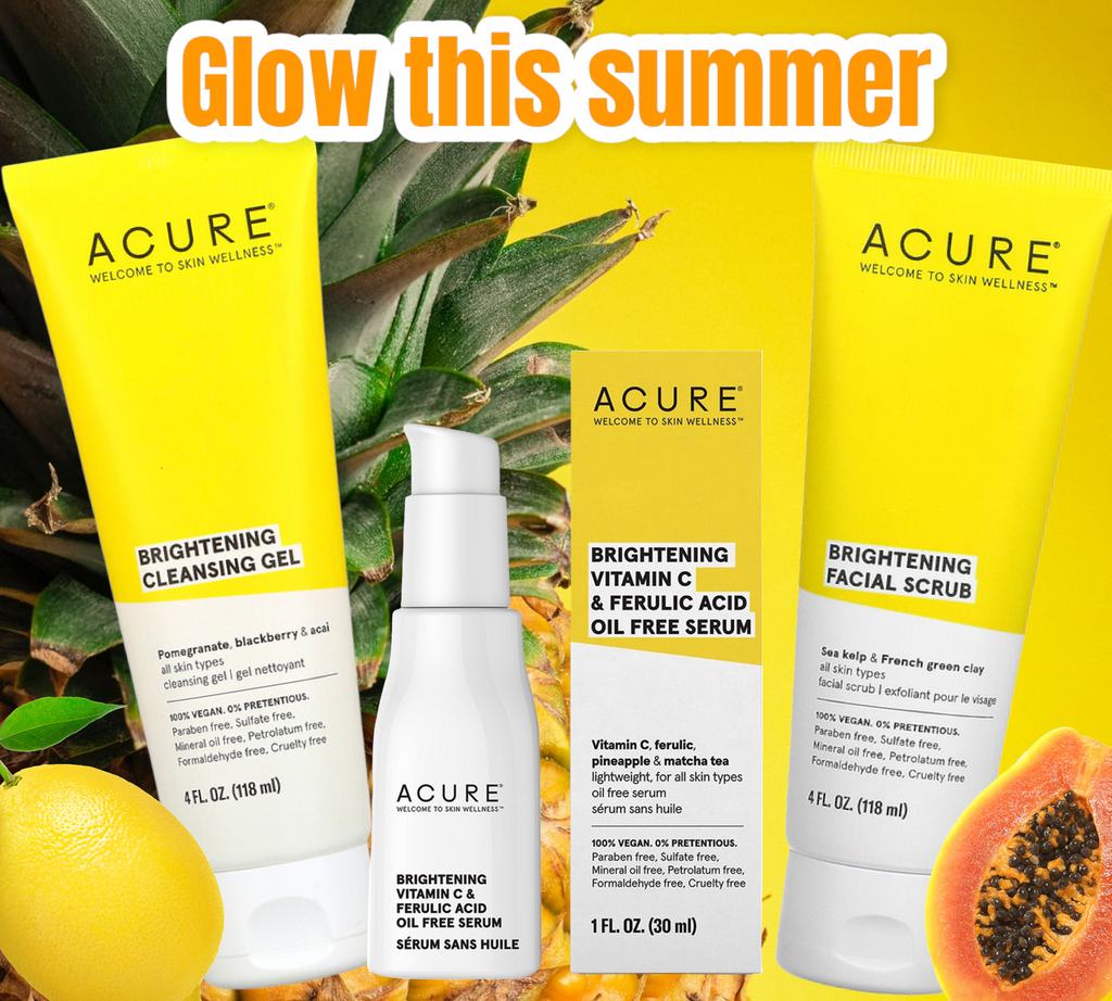 Acure Brightening Kit Cleansing Gel, Facial Scrub, Vitamin C Ferulic Acid Serum.