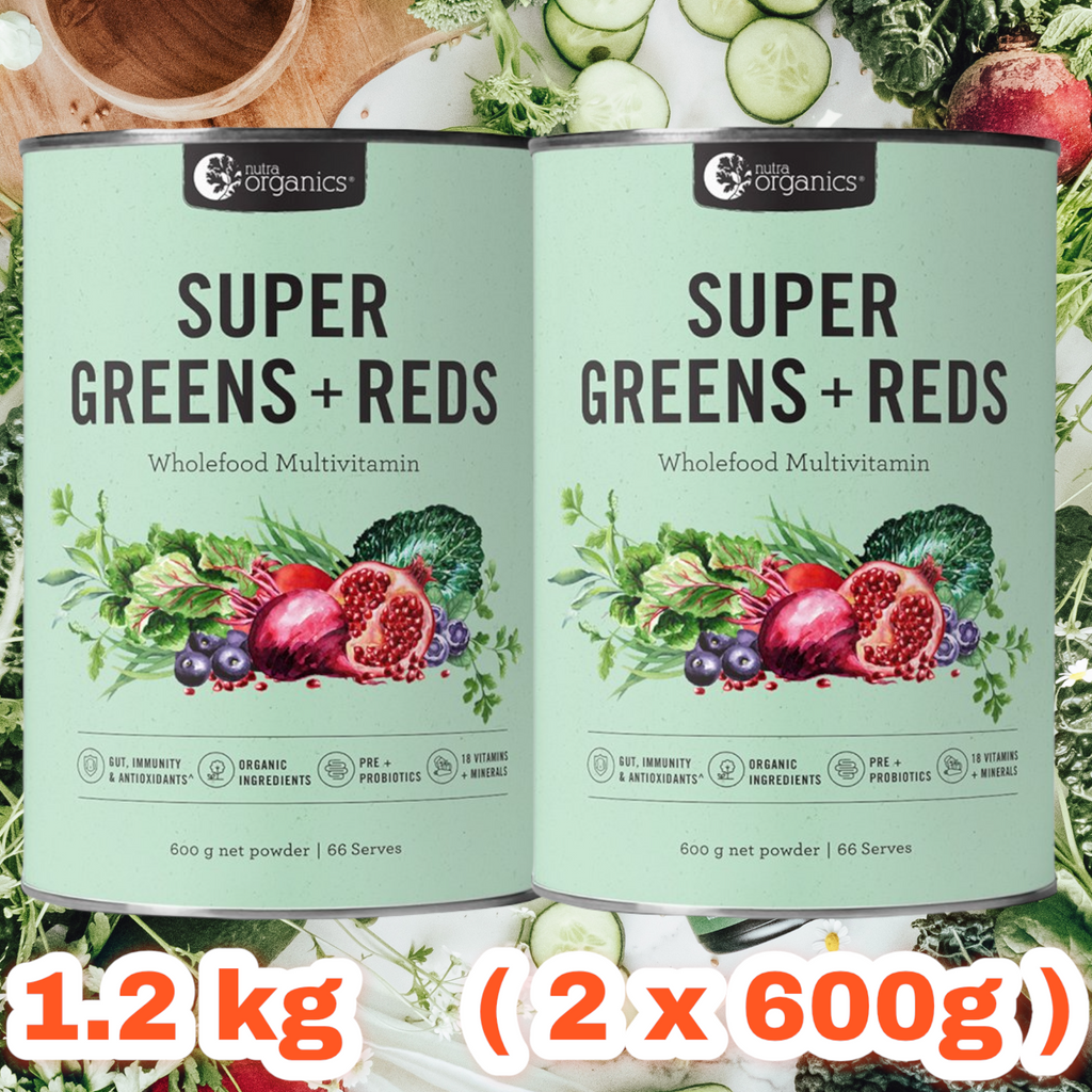 Nutra Organics Super Greens + Reds- 1.2 kg (2x 600g)  NEW AND IMPROVED FORMULA    ON SALE! FREE SHIPPING ON THIS PRODUCT AUSTRALIA WIDE!