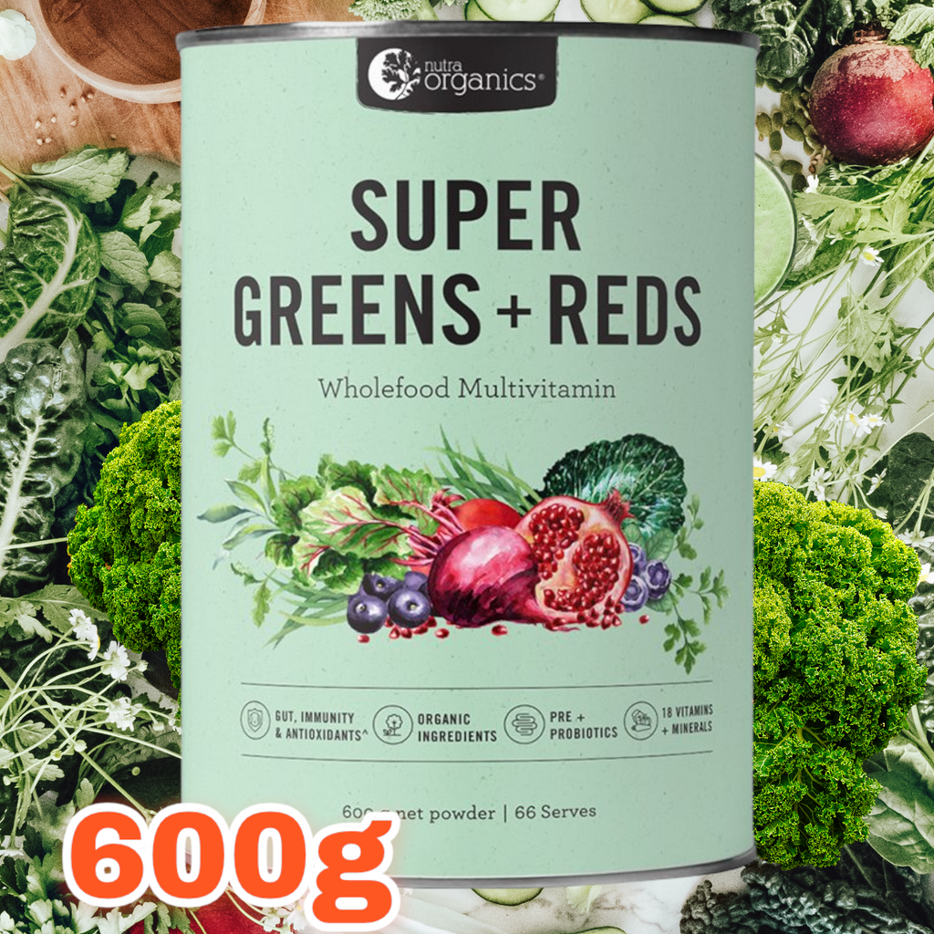 Nutra Organics Super Greens + Reds- 600g  NEW AND IMPROVED FORMULA    ON SALE! FREE SHIPPING ON THIS PRODUCT AUSTRALIA WIDE!