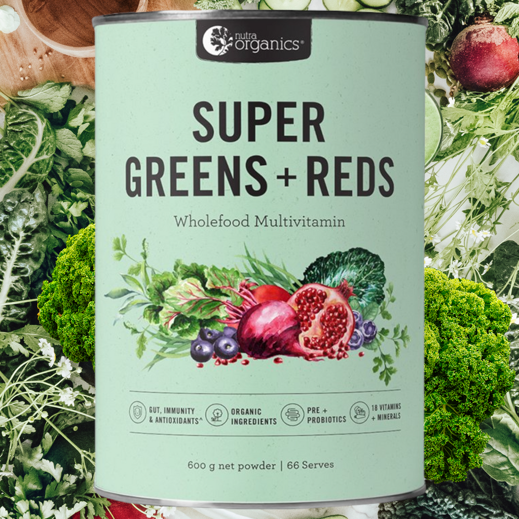 A wholefood blend of 23 nourishing greens & reds to support immunity, gut wellbeing, energy, acid-alkaline balance, antioxidant protection^ and more.  With 18 vitamins & minerals from all natural sources, including vitamins A, C, D, E, K, B vitamins, calcium, iron, magnesium and zinc, Super Greens + Reds is the all-in-one wellness elixir that gives your body everything it needs to feel your best.