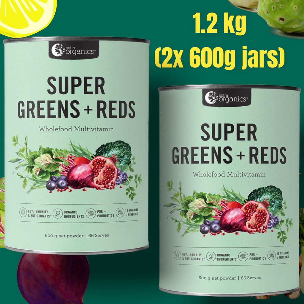 Nutra Organics Super Greens + Reds- 1.2 kg (2x 600g)  NEW AND IMPROVED FORMULA    ON SALE! FREE SHIPPING ON THIS PRODUCT AUSTRALIA WIDE!. Bulk offer. Buy online. Northern Beaches of Sydney.