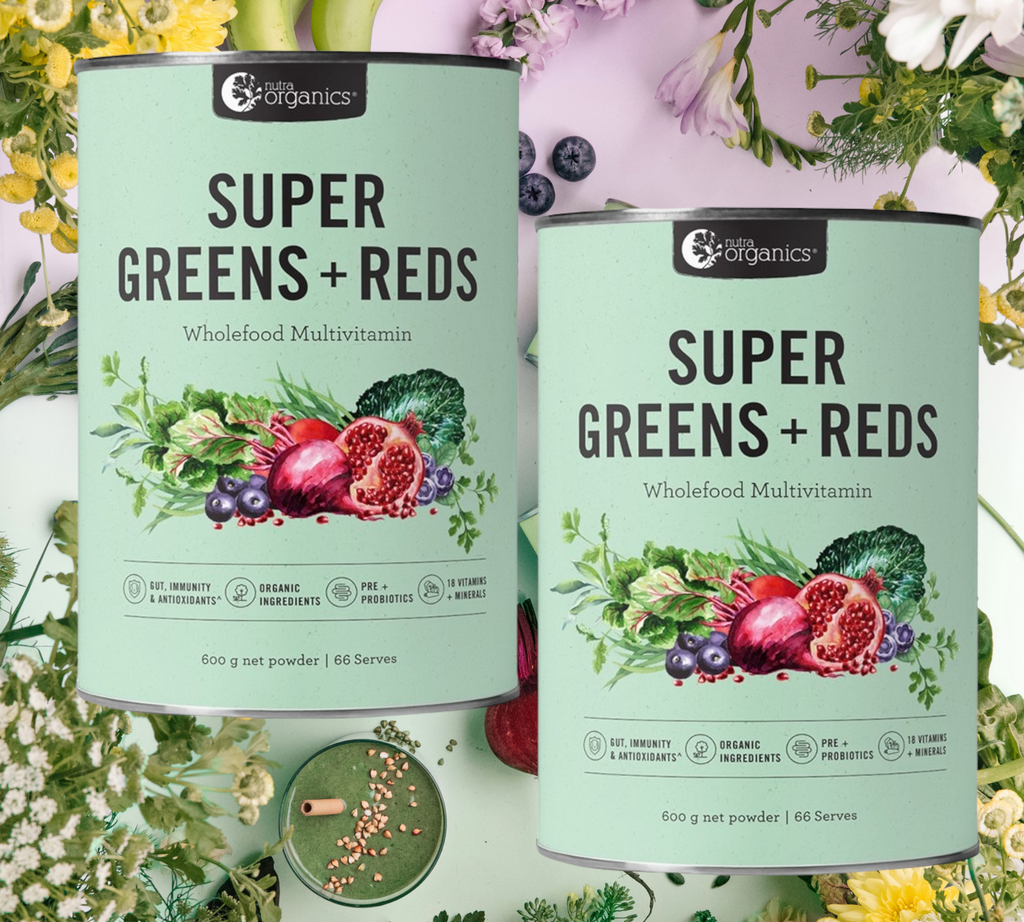 SUPER GREENS + REDS IS NOW:     Family friendly- The entire family can consume Super Greens + Reds, including the kids and pregnant & breastfeeding women.   More organic- Super Greens + Reds is made with above 70% organic ingredients.   Caffeine free- Nutra Organics have said goodbye to Matcha and coffee extract in Super Greens + Reds.