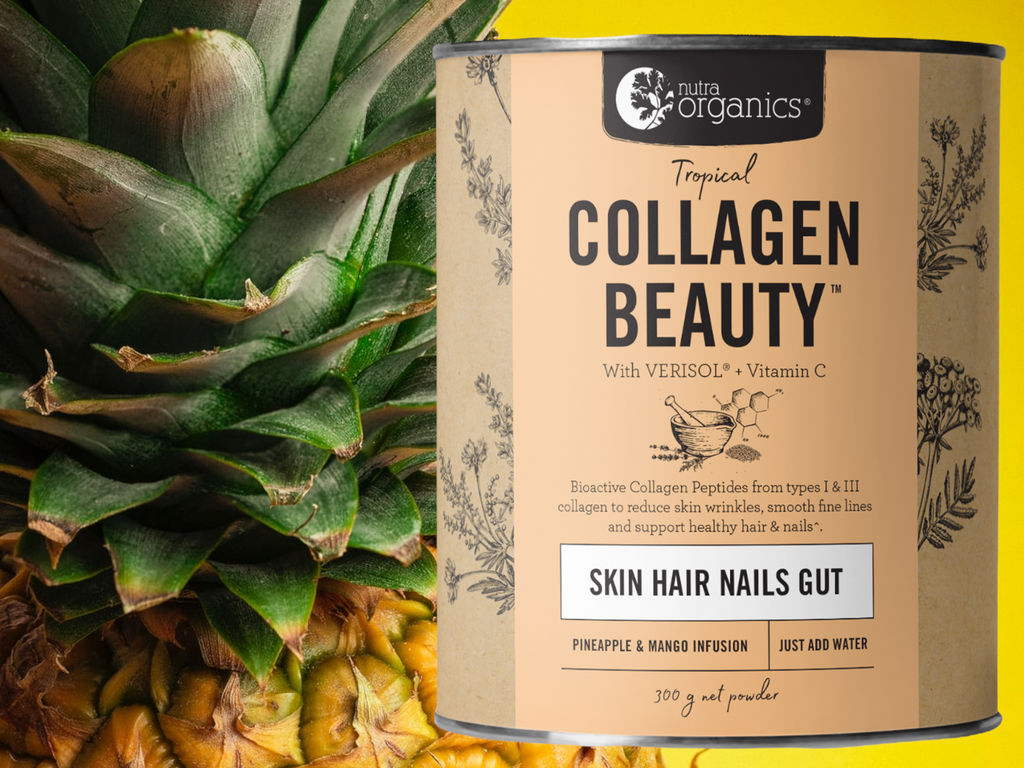 Nutra Organics Collagen Beauty with Verisol + Vitamin C (Skin Hair Nails Gut) Tropical 300g   It’s time for a tropical glow with Collagen Beauty™. The most loved collagen on the market just got a tropical makeover. Our latest member of the family is bringing us serious summer vibes with fresh notes of juicy mango and sweet pineapple. This naturopathically formulated blend nourishes skin, hair and nails from within, and keeps things glowy from the inside out. 