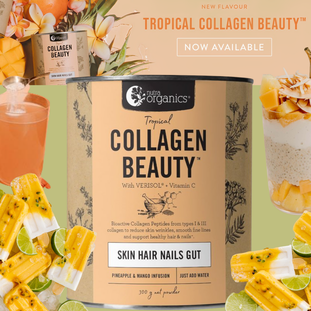 Nourish your skin, hair and nails from within with Collagen Beauty™, a naturopathically formulated blend to help you glow from the inside out with VERISOL® Bioactive Collagen Peptides, vitamin C and zinc. This natural, fruity and refreshing flavour is a convenient way to consume Collagen Beauty™ straight on water and tastes like juicy mango and sweet pineapple. 