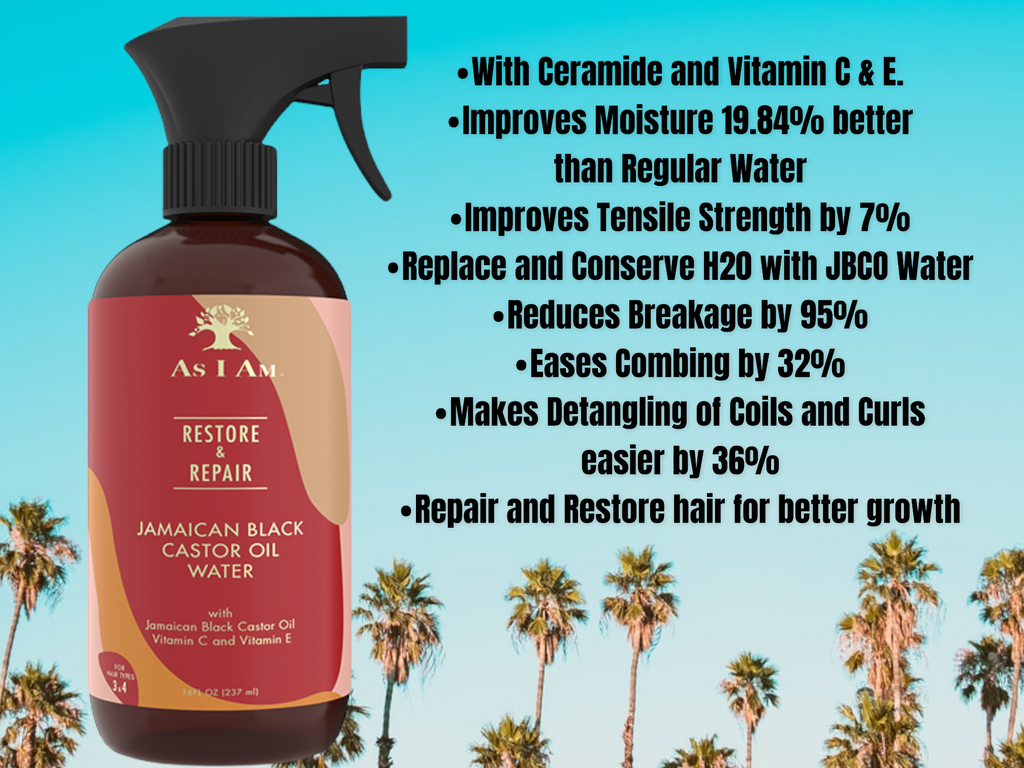 ·      With Ceramide and Vitamin C & E. ·      Improves Moisture 19.84% better than Regular Water ·      Improves Tensile Strength by 7% ·      Replace and Conserve H20 with JBCO Water ·      Reduces Breakage by 95% ·      Eases Combing by 32% ·      Makes Detangling of Coils and Curls easier by 36%     More Information:     ·      With Jamaican Black Castor Oil ·      Vitamin C and Vitamin E ·      Cruelty Free and Vegan