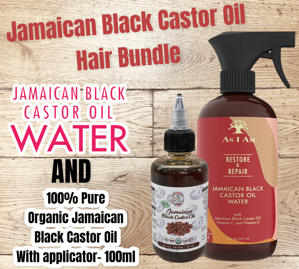 The bundle includes:   1x   Jamaican Black Castor Oil Water- Restore and Repair - 473 ml (16 fl oz). Brand- As I Am.   1x 100% Pure Organic Jamaican Black Castor Oil in Applicator Bottle- 100ml. Brand- My Natural Beauty