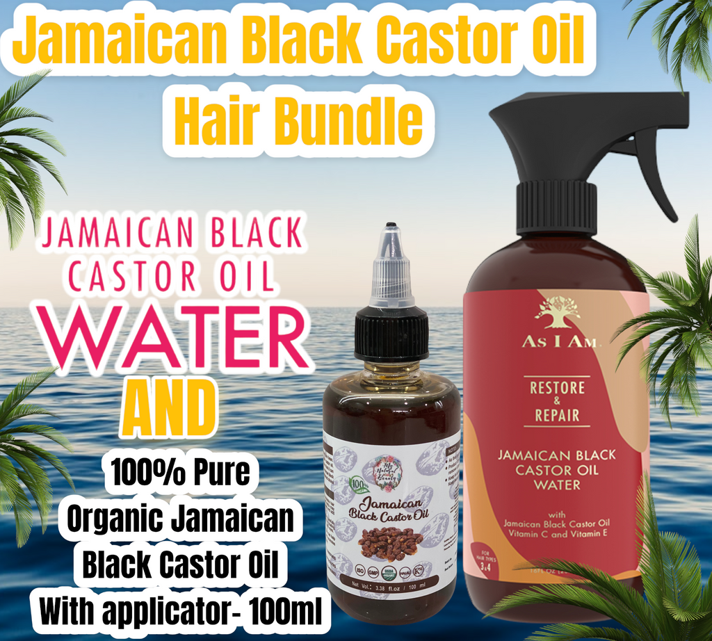 The bundle includes:   1x   Jamaican Black Castor Oil Water- Restore and Repair - 473 ml (16 fl oz). Brand- As I Am.   1x 100% Pure Organic Jamaican Black Castor Oil in Applicator Bottle- 100ml. Brand- My Natural Beauty